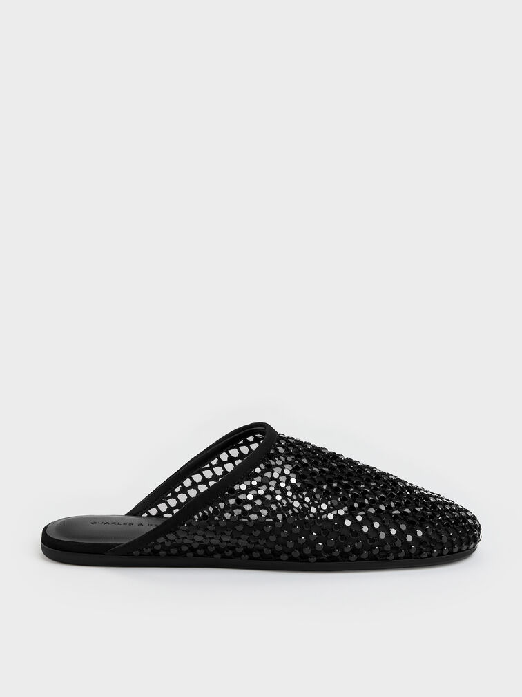 Maggie Mesh Crystal Flat Mules, Black Textured, hi-res