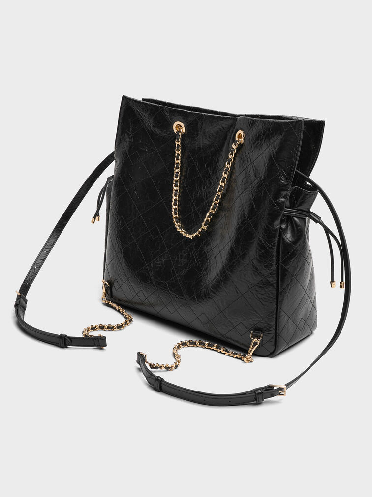 Duo Quilted Braided-Strap Drawstring Two-Way Backpack, Black, hi-res