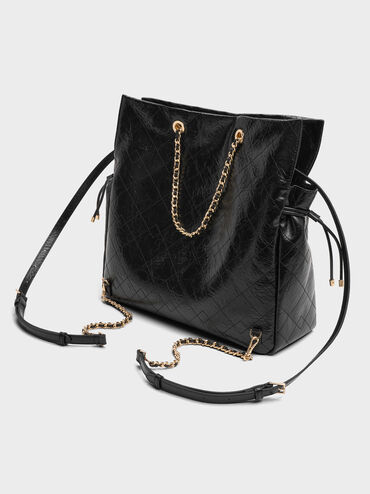 Duo Quilted Braided-Strap Drawstring Two-Way Backpack, Black, hi-res