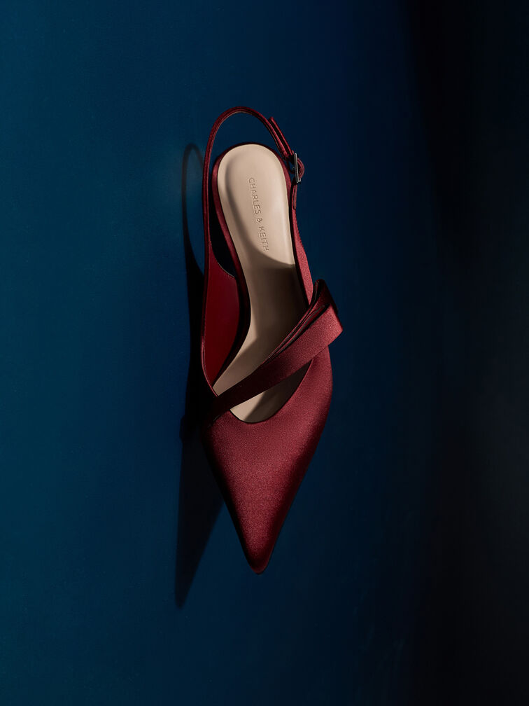 Satin Pleated-Strap Slingback Pumps, Red, hi-res