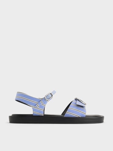 Striped Buckled Slingback Sandals, Blue, hi-res