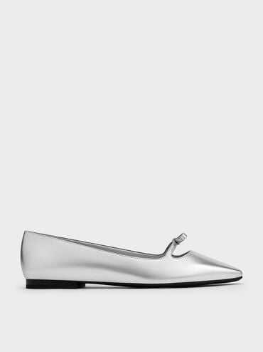Metallic Bow Square-Toe Ballet Flats, Silver, hi-res