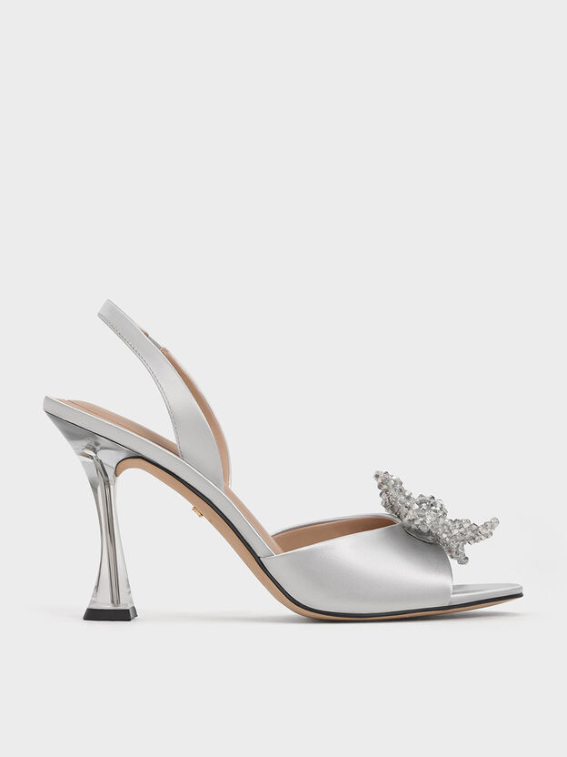 Beaded Bow Slingback Pumps, Silver, hi-res