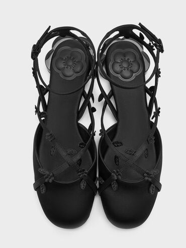 Floral-Vine Ankle-Strap Flats, Black Textured, hi-res
