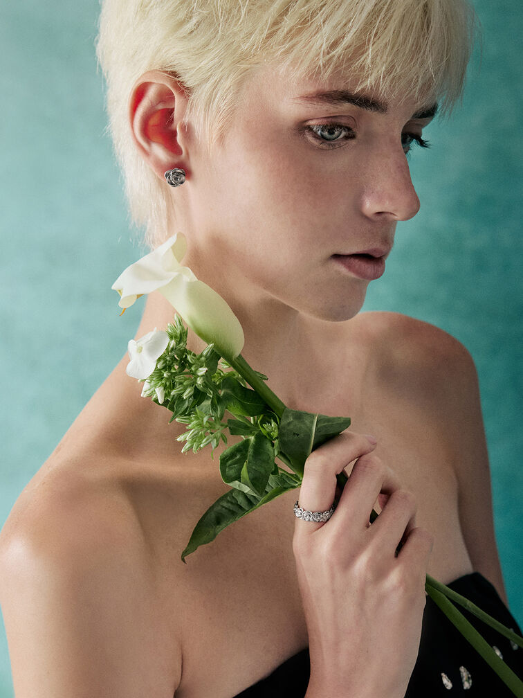 Rosalind Flower-Motif Ring, Brushed Silver, hi-res