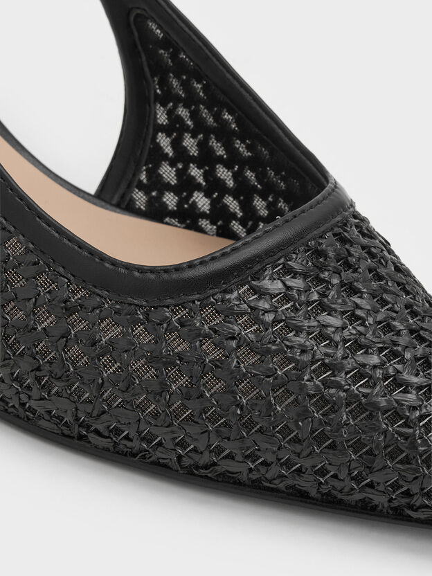 Raffia Sculptural-Heel Slingback Pumps, Black Textured, hi-res