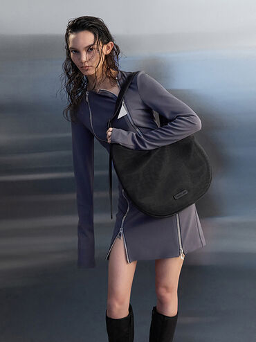 Mesh Crescent Hobo Bag, Jet Black, hi-res