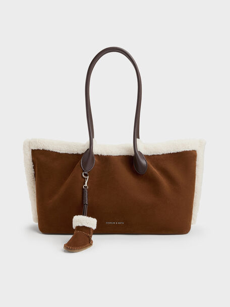 XL Cosima Fur-Trim Tote Bag, Pecan Brown, hi-res