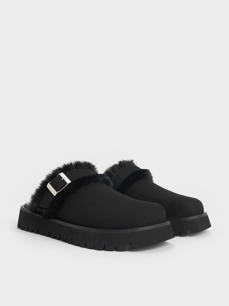 Hannah Textured Fur-Trim Buckled Mules, Black, hi-res