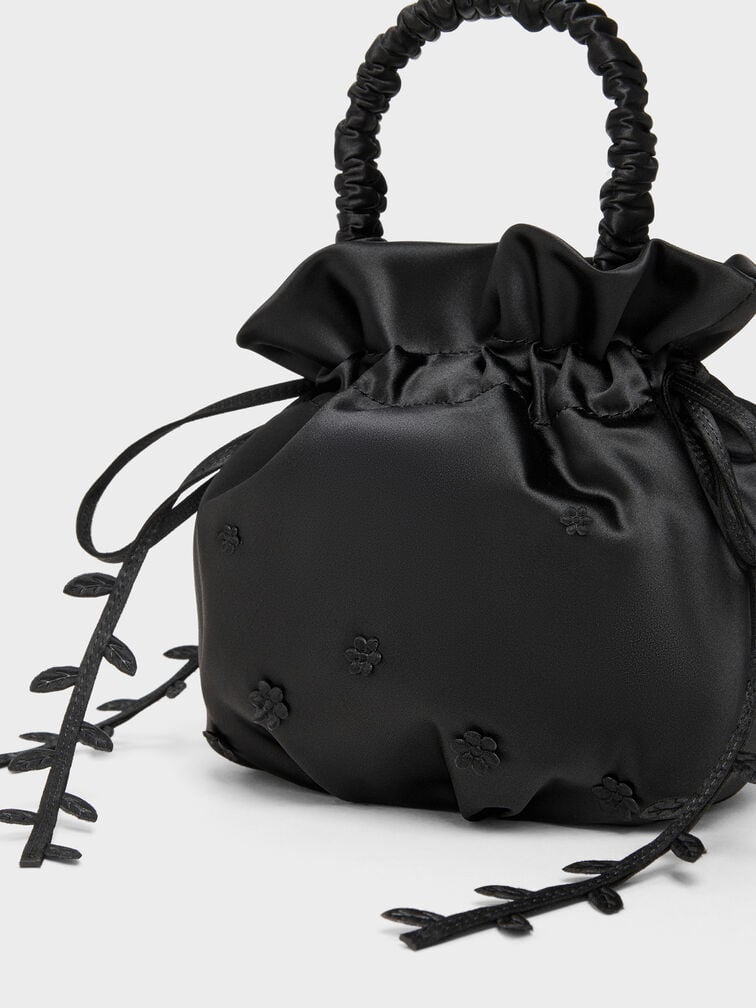 Mabel Satin Floral-Vine Bucket Bag, Noir, hi-res