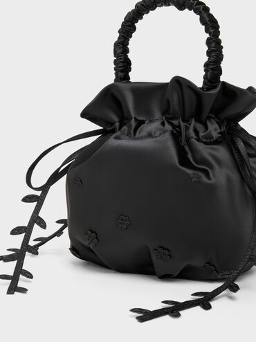 Mabel Satin Floral-Vine Bucket Bag, Noir, hi-res