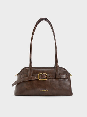 Victoria Belted Elongated Shoulder Bag, Distressed Coffee, hi-res