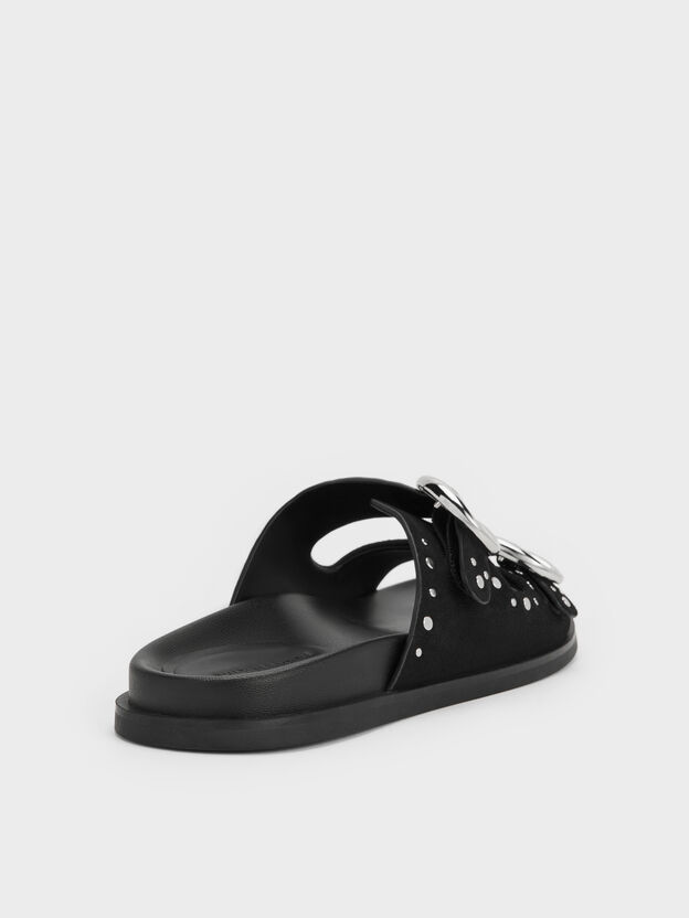 Studded Buckled Double-Strap Slides, Black, hi-res