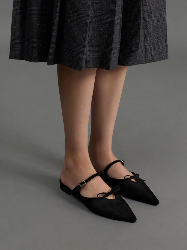 Faux Suede Bow Mary Jane Mules, Black Textured, hi-res