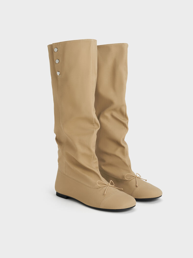 Gael Twill Studded Slouchy Knee-High Boots, Beige, hi-res