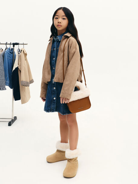 Girls' Wendy Faux Fur Tote Bag, Brown, hi-res