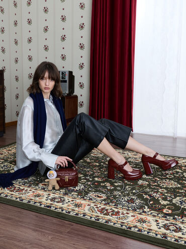 Patent Block-Heel Platform Mary Jane Pumps, Burgundy, hi-res