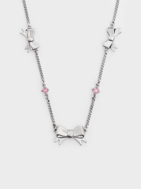 Paige Bow Crystal Necklace, Pink, hi-res