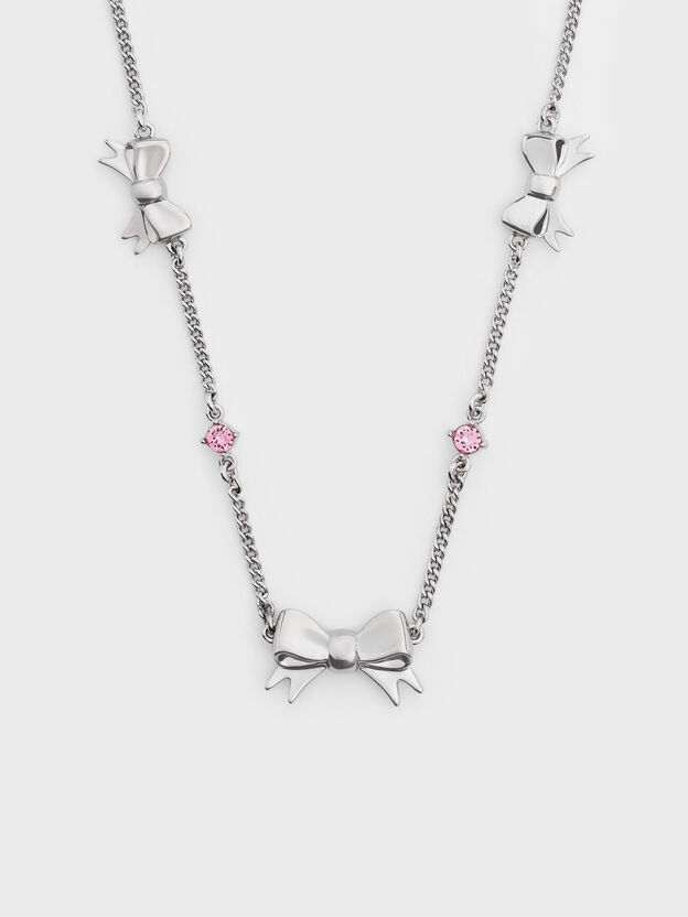 Paige Bow Crystal Necklace, Pink, hi-res
