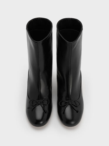 Aretha Leather Bow Kitten-Heel Calf Boots, Black, hi-res