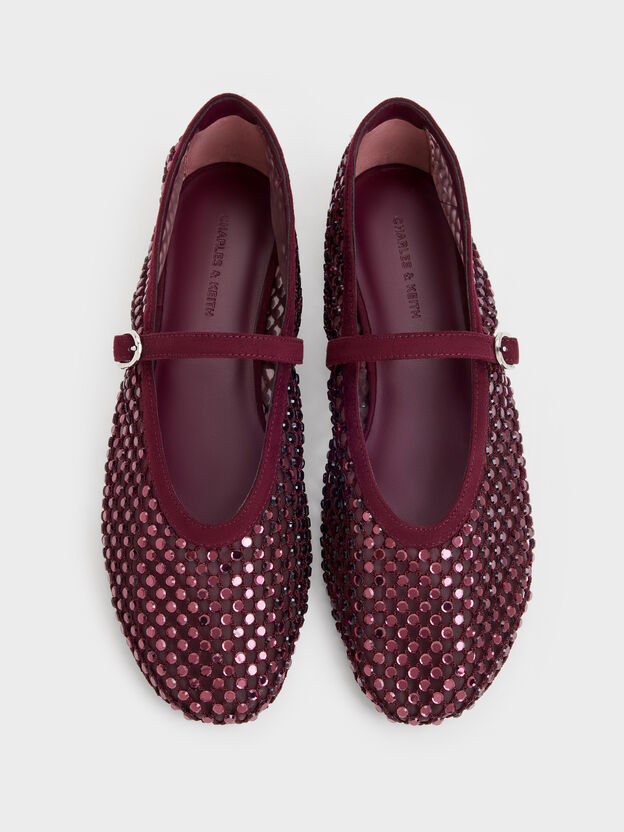 Maggie Mesh Crystal Mary Janes, Burgundy, hi-res