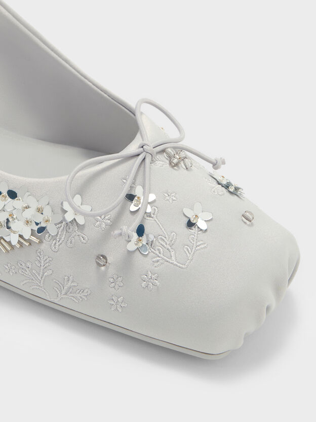 Sadira Satin Embroidered Sequinned Slingback Pumps, Grey, hi-res
