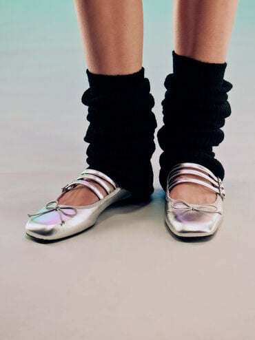 Metallic Triple-Strap Mary Janes, Silver, hi-res