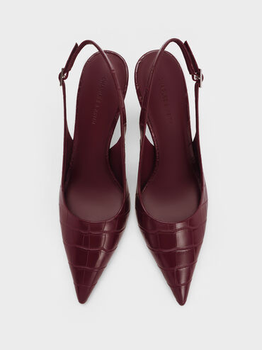Croc-Effect Pointed-Toe Slingback Pumps, Animal Print Burgundy, hi-res