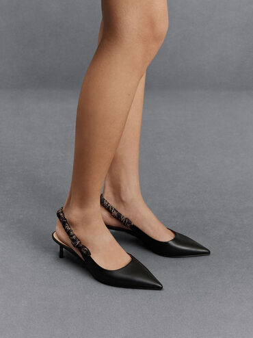 Tully Leather Ruched-Strap Slingback Pumps, Black, hi-res