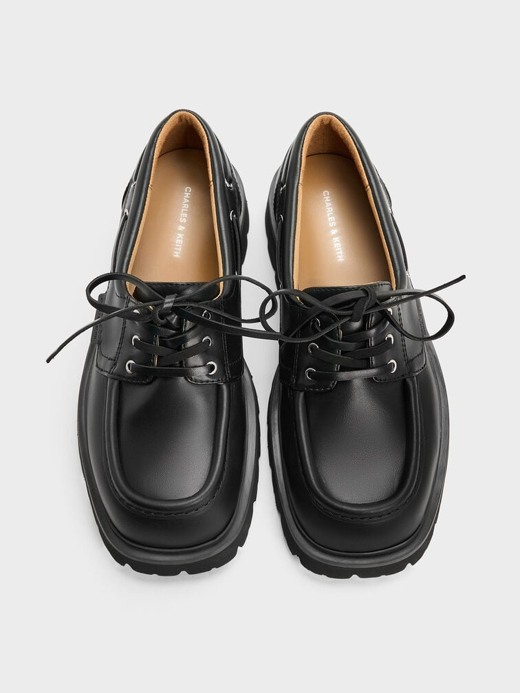 Ridged-Sole Boat Shoes, Black, hi-res