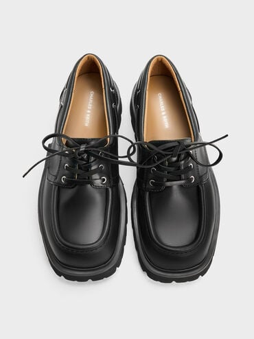 Ridged-Sole Boat Shoes, Black, hi-res