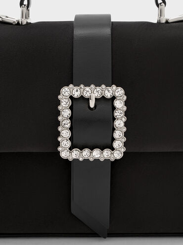 Satin Crystal-Buckle Belted Top Handle Bag, Noir, hi-res