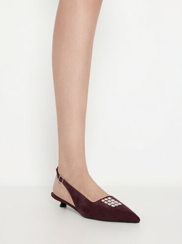 Faux Suede Crystal-Embellished Slingback Pumps, Burgundy, hi-res