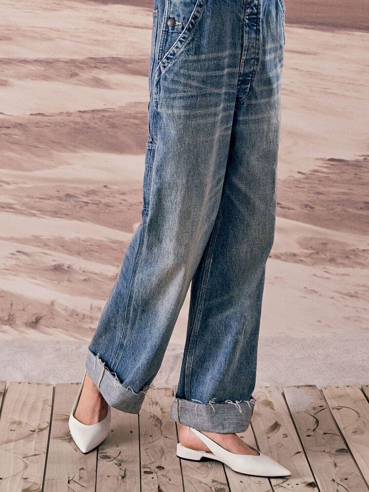 Pointed-Toe High-Vamp Slingback Flats, White, hi-res