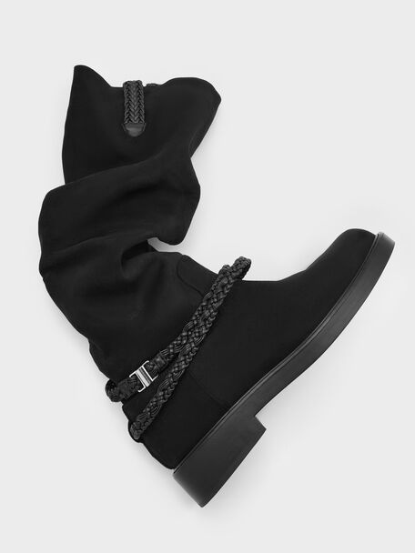 Franca Faux Suede Braided-Strap Knee-High Boots, Black Textured, hi-res