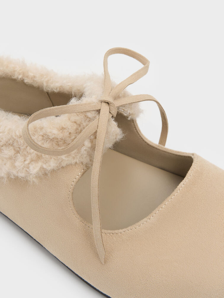 Emila Faux Suede Fur-Trim Mary Jane Flats, Chalk, hi-res
