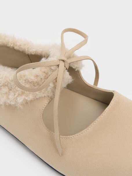 Emila Faux Suede Fur-Trim Mary Jane Flats, Chalk, hi-res