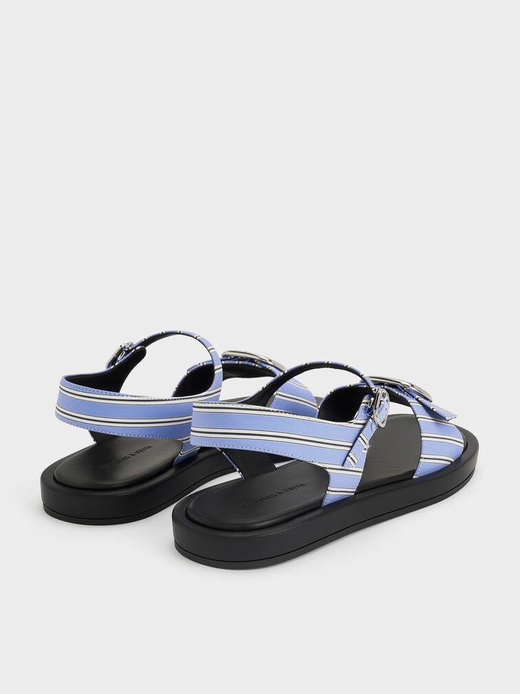 Striped Buckled Slingback Sandals, Blue, hi-res