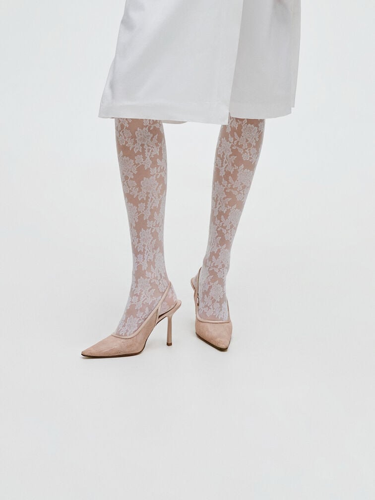 Lace & Satin Slingback Pumps, Nude, hi-res