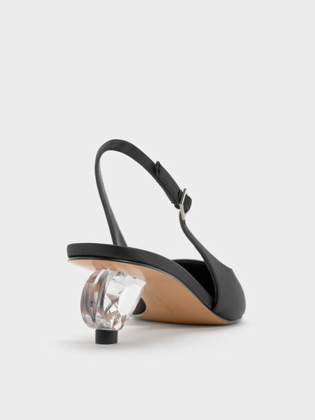 Pointed Crystal-Heel Slingback Pumps, Black Textured, hi-res