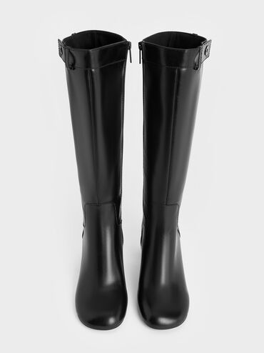Block-Heel Knee-High Biker Boots, Black, hi-res