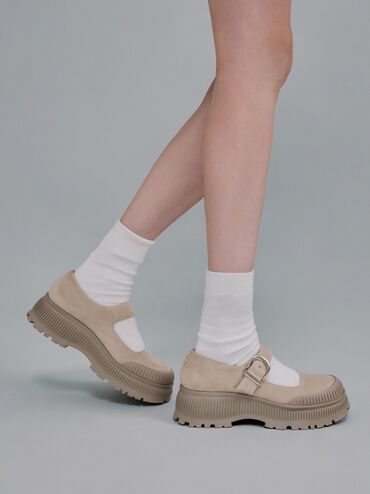 Darra Faux Suede Ridged-Sole Platform Mary Janes, Beige, hi-res