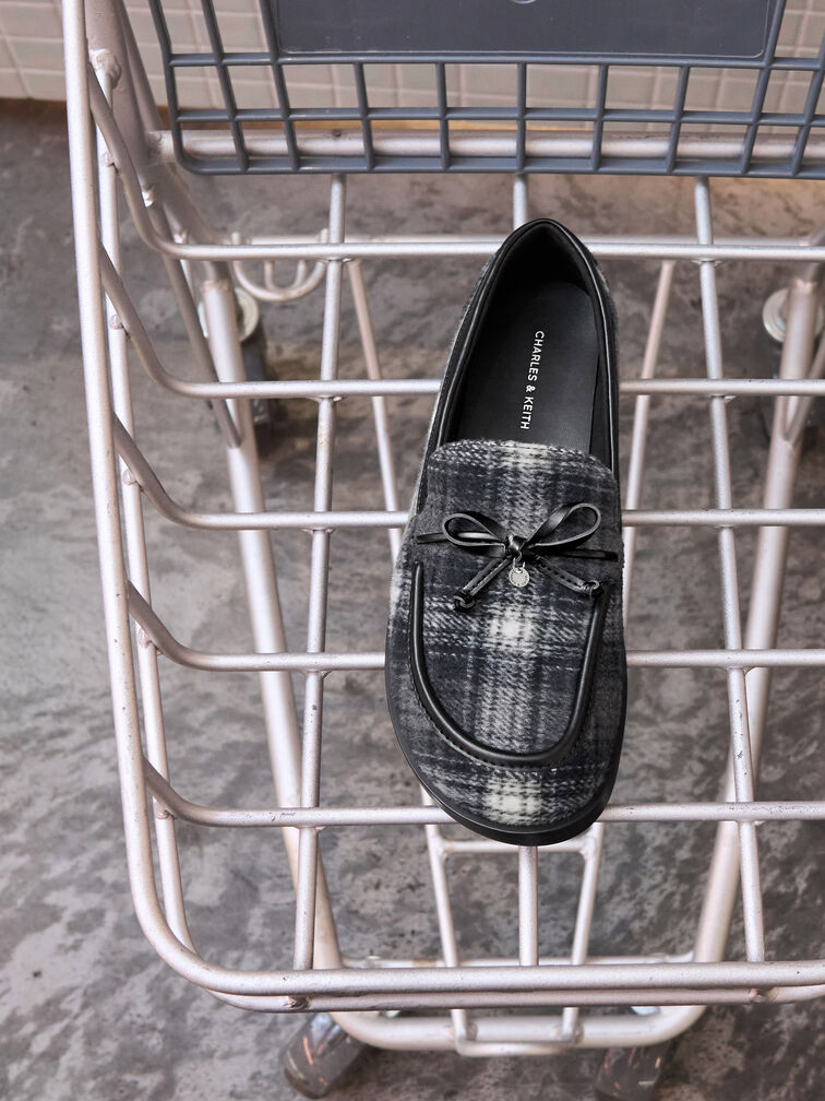Checkered Circle-Charm Bow Loafers, Dark Grey, hi-res