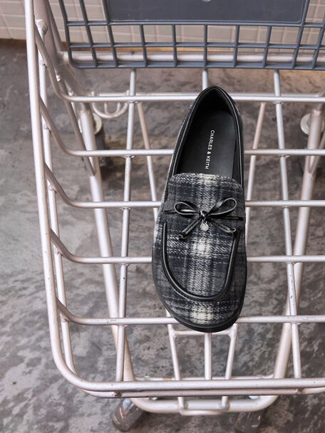 Checkered Circle-Charm Bow Loafers, Dark Grey, hi-res
