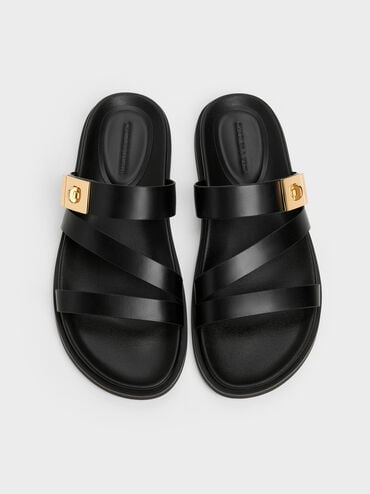 Aelin Metallic-Buckle Strappy Sandals, Black, hi-res