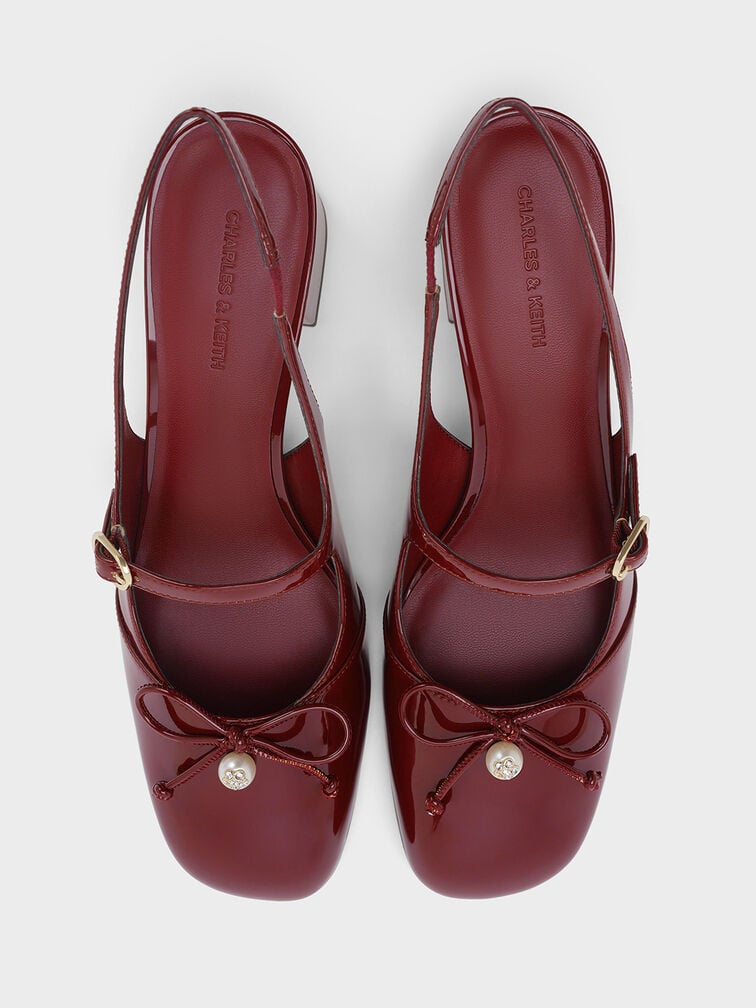 Patent Bow Crystal-Pearl Slingback Mary Jane Pumps, Burgundy, hi-res