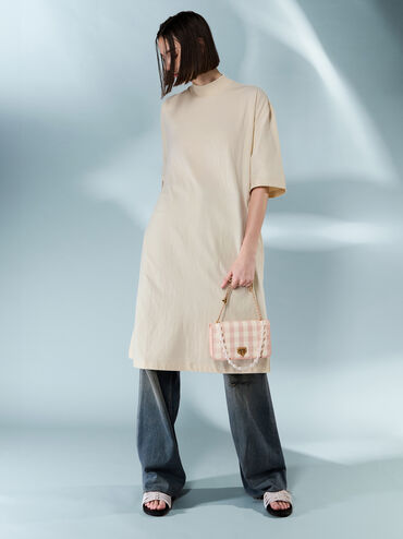 Alessia Checkered Pearl-Embellished Wallet on Chain, Light Pink, hi-res