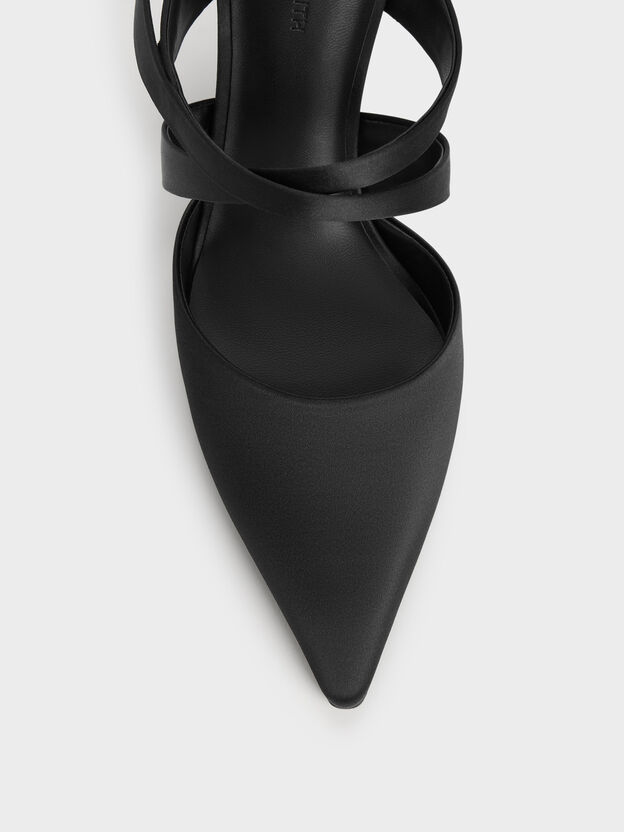 Satin Pleated-Strap Heeled Mules, Black Textured, hi-res