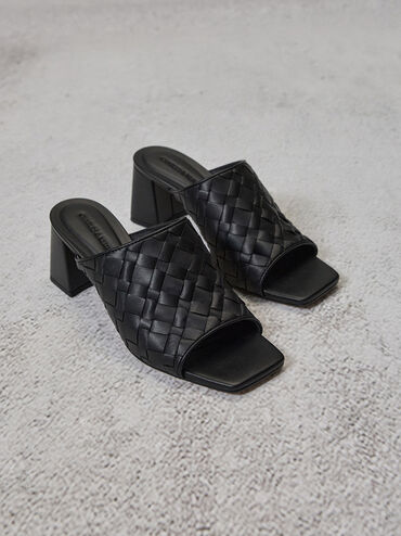 Ivette Woven Square-Toe Heeled Mules, Black, hi-res