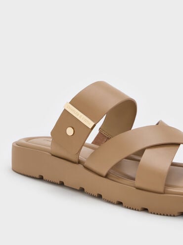 Metallic-Accent Crossover-Strap Slide Sandals, Taupe, hi-res